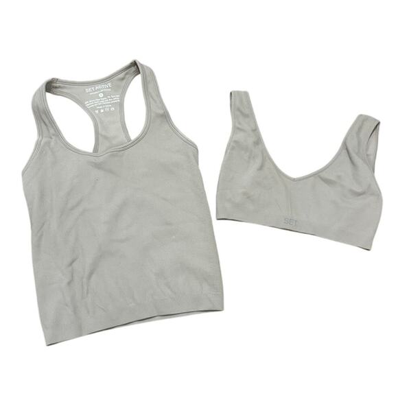 SET Active Gray Ribbed Seamless Sport Tank & Bra Matching Set Small Athleisure - Picture 1 of 7